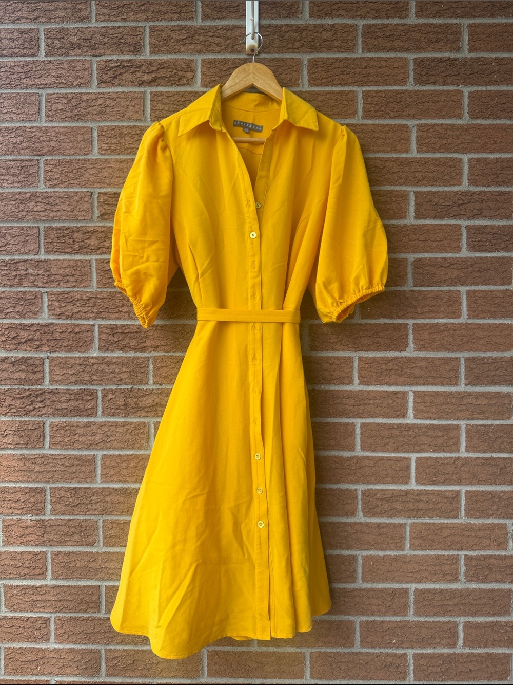 Sharagano Yellow Button-Front Midi Dress with Puff Sleeves